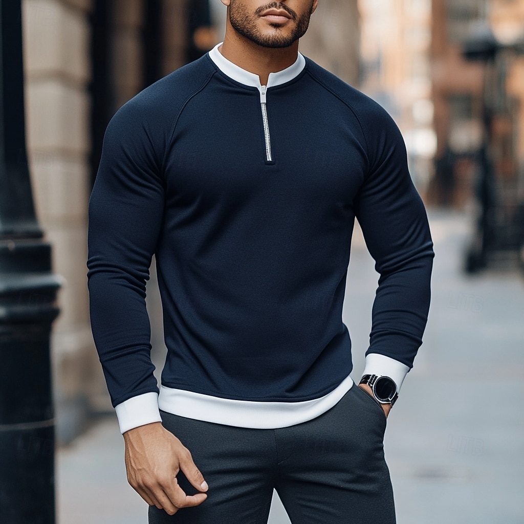 Herr T-shirt Långärmad Rund hals Hög krage Vinter Vår & Höst Alla årstider Ensfärgat Färgblock Dagligen Modern Dragkedja Crewneck falska två stycken Utomhus Casual Ledigt Marin Topp t-shirt för män 2025 - $20.99 –P1