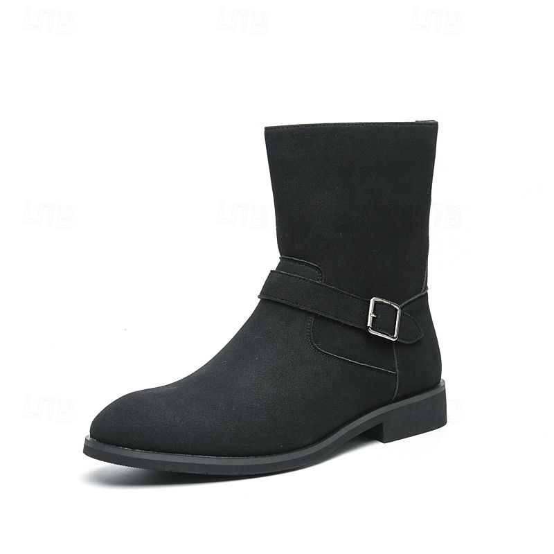 Men's Khaki Faux Suede Mid-Calf Boots with Side Buckle Straps, Retro Cowboy Style Boots for Casual Outfits and Party Occasions 2025 - $54.99 –P2