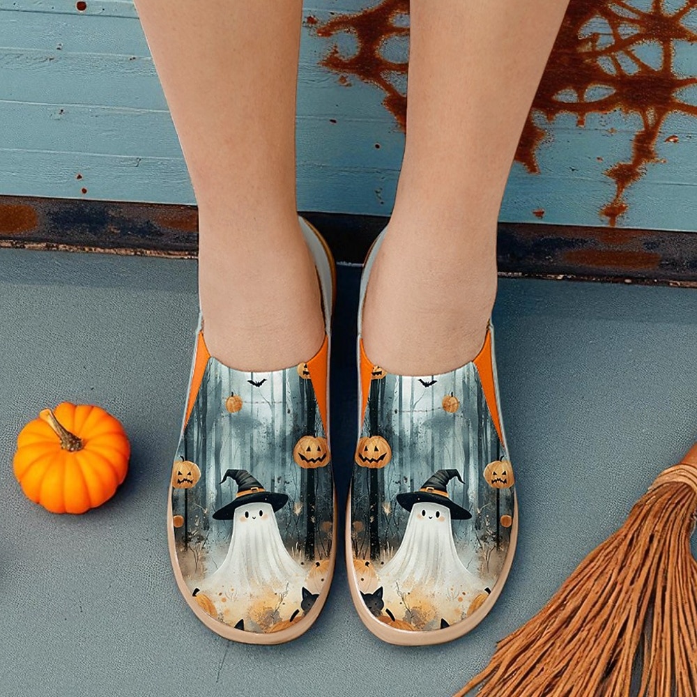 Naisten leveäleveiset kankaiset slip-on-kengät söpöllä haamu- ja kurpitsakuviolla – rennot ja mukavat halloween-kengät juhliin ja arkeen 2025 - $54.99 –P2