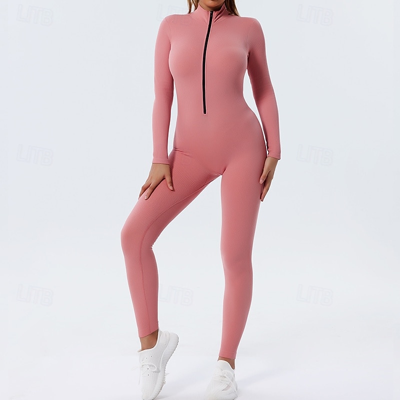 Damen Trainingsanzug Einteiliger Strampler Reißverschluss Einfarbig Bodysuit Herbst Schwarz Rosa Fitnessstudio sportlich Laufen Bauchkontrolle Atmungsaktiv Langarm Sport Sportkleidung 2026 - $32.99 –P3