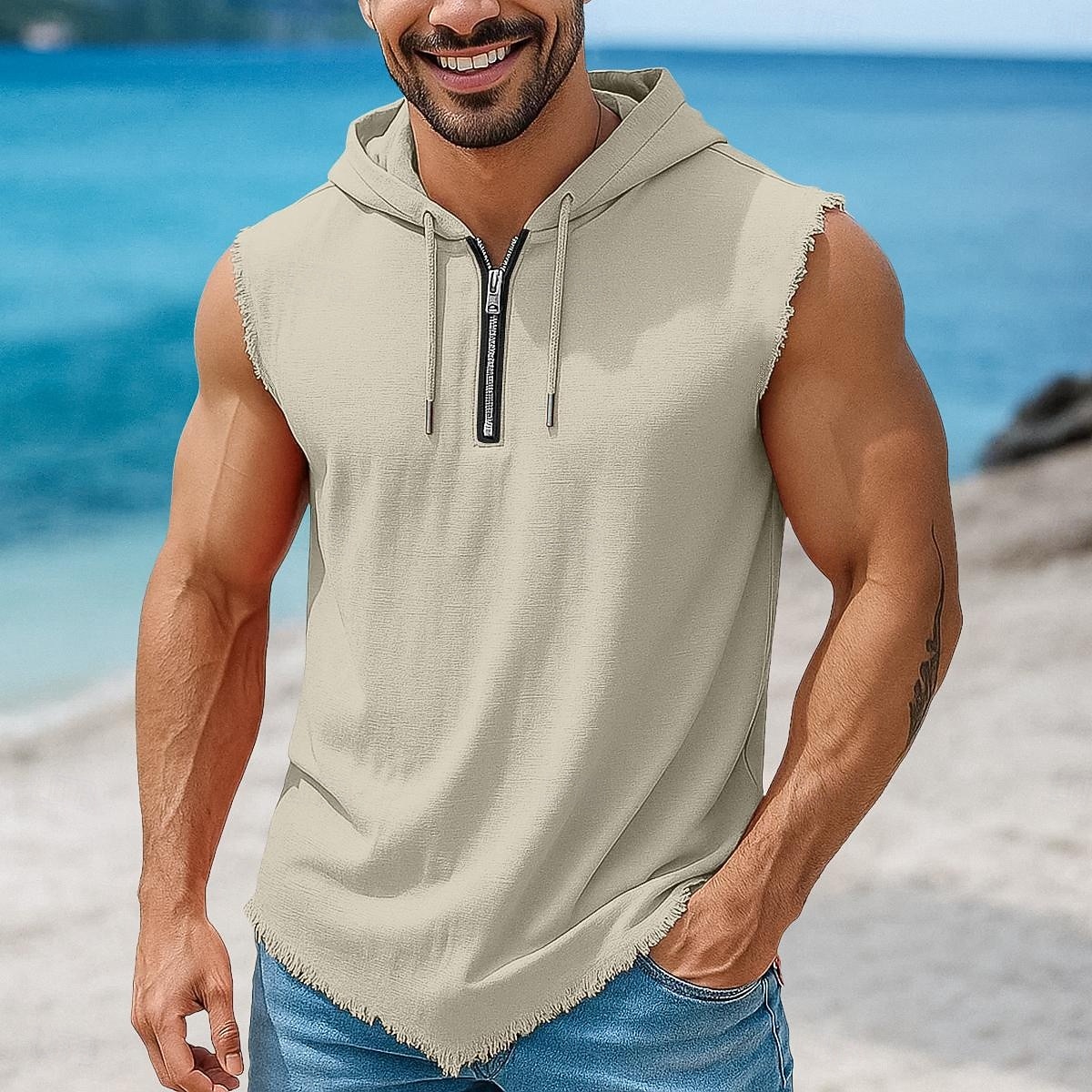 Bărbați Cămașă de in Bluză Vestă Sub Cămașă Fără manșon Capișon Vară Simplu Modă Clasic Modern Quarter Zip Casual Sală de Fitness Stradă Kaki Top tricou pentru bărbați 2026 - $20.99 –P3