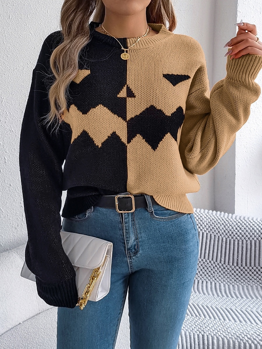 Maglione da donna Halloween con zucca casual morbido grafica colletto a coste maniche lunghe top regolari lavorato a maglia arancione khaki autunno inverno pre-autunno del 2025 a $31.99 –P10