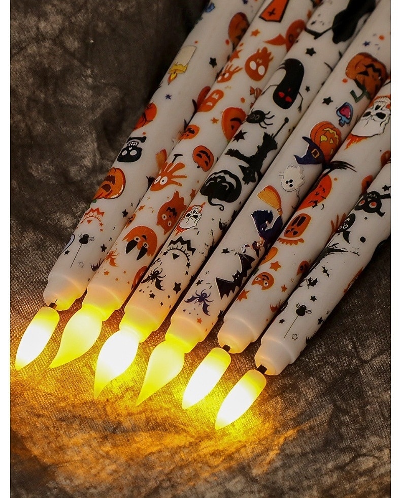 Candele a LED senza fiamma con motivo colorato di Halloween, candelieri a batteria con telecomando a 11 tasti e timer, luci a fiamma tremolante 3D per cene, decorazioni per interni, regali (6 pezzi del 2025 a $22.99 –P9