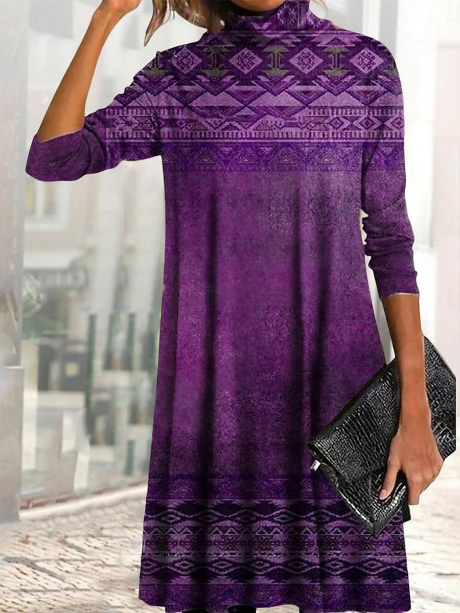 Damen Minikleid T-Shirt-Kleid A Linie Kleid Urlaub Lässig Täglich Date Normale Passform Grafik Stammes Langarm Hoher Ausschnitt Blau Purpur Braun Grün Frühling Herbst Winter 2026 - $28.99 –P4