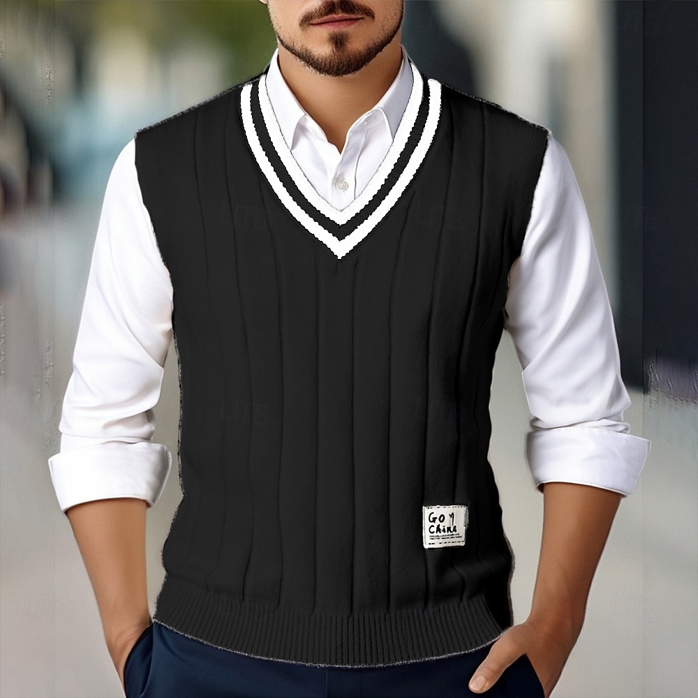 Pánské Svetrová vesta Šaty svetr Pulovrový svetr Vesta Pletený svetr Rýhovaný Kabel Plést Běžné topy Pletený Bez vzoru Do V Módní Na běžné nošení Dovolená Denní nošení Oblečení Podzim Zima Černá Bílá 2025 - $39.99 –P7