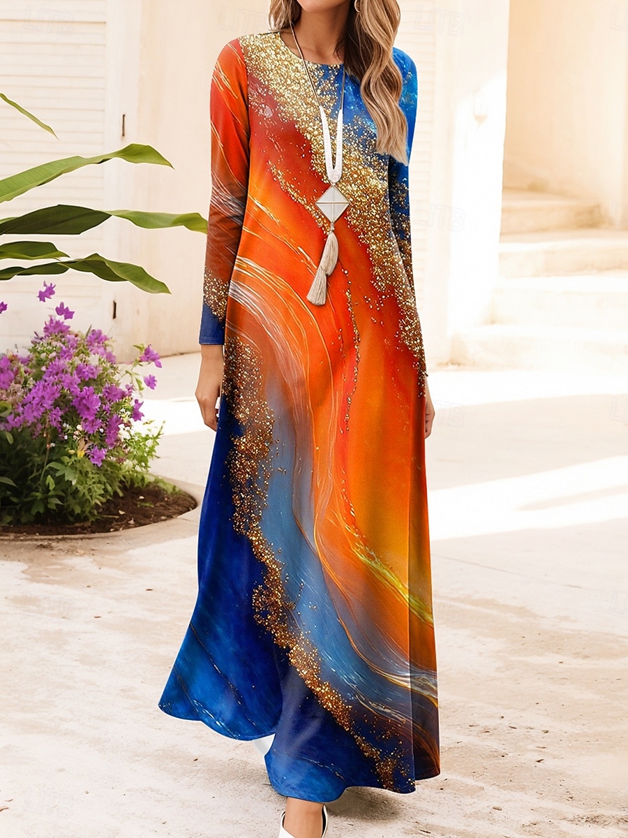 Robe Maxi Femme Vintage Bohème Robe A Ligne Col Ronde Manches Longues Décontractée Quotidienne Coupe Régulière Graphique Géométrique Bleu Orange Vert Bleu Foncé Printemps Automne Hiver de 2026 ? $34.99 –P3