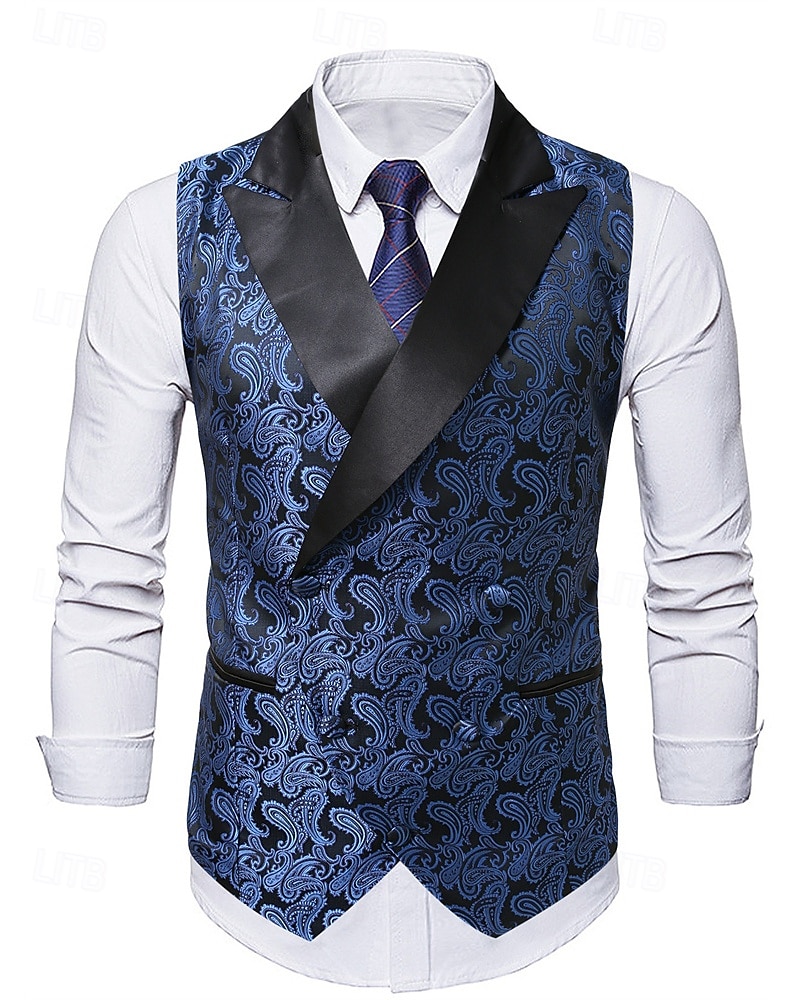 2026年 男性用 ベスト チョッキ ジレ バケーション パーティー ビジネス ファッション カジュアル 春 秋 ポケット ボタン ポリエステル 快適 ペーズリー シングルブレスト 一つボタン ピークドラペル レギュラー ロイヤルブルー ベスト  コレクション – $37.99 –P3
