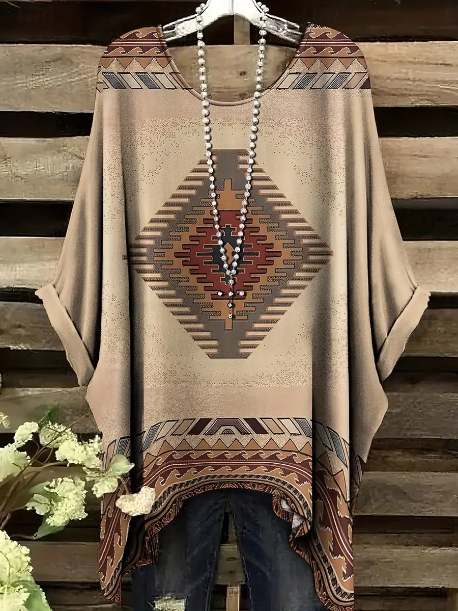 Жен. Блуза Ассиметричный Графика Геометрический принт Винтаж Повседневные На каждый день Рукав до локтя Летучая мышь Вырез под горло Обычные топы Повседневные Праздники Одежда для пляжа 2026 - $26.99 –P1