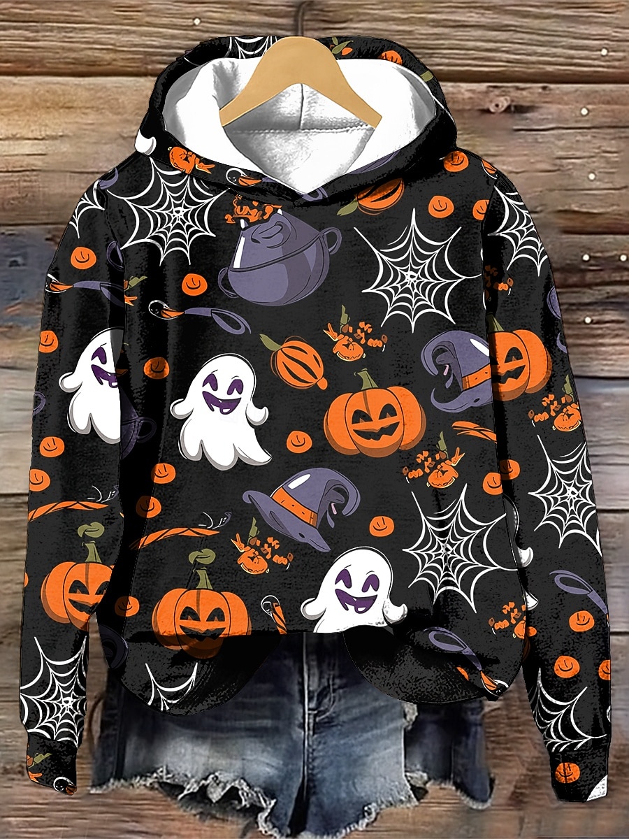 Halloween dámská mikina s kapucí pulovr oversize dlouhý rukáv běžný grafický čarodějnice módní potisk kapucí běžné svrchní kusy pouliční každodenní nošení stahovací potisk černá bílá fialová oranžová 2025 - $24.99 –P2