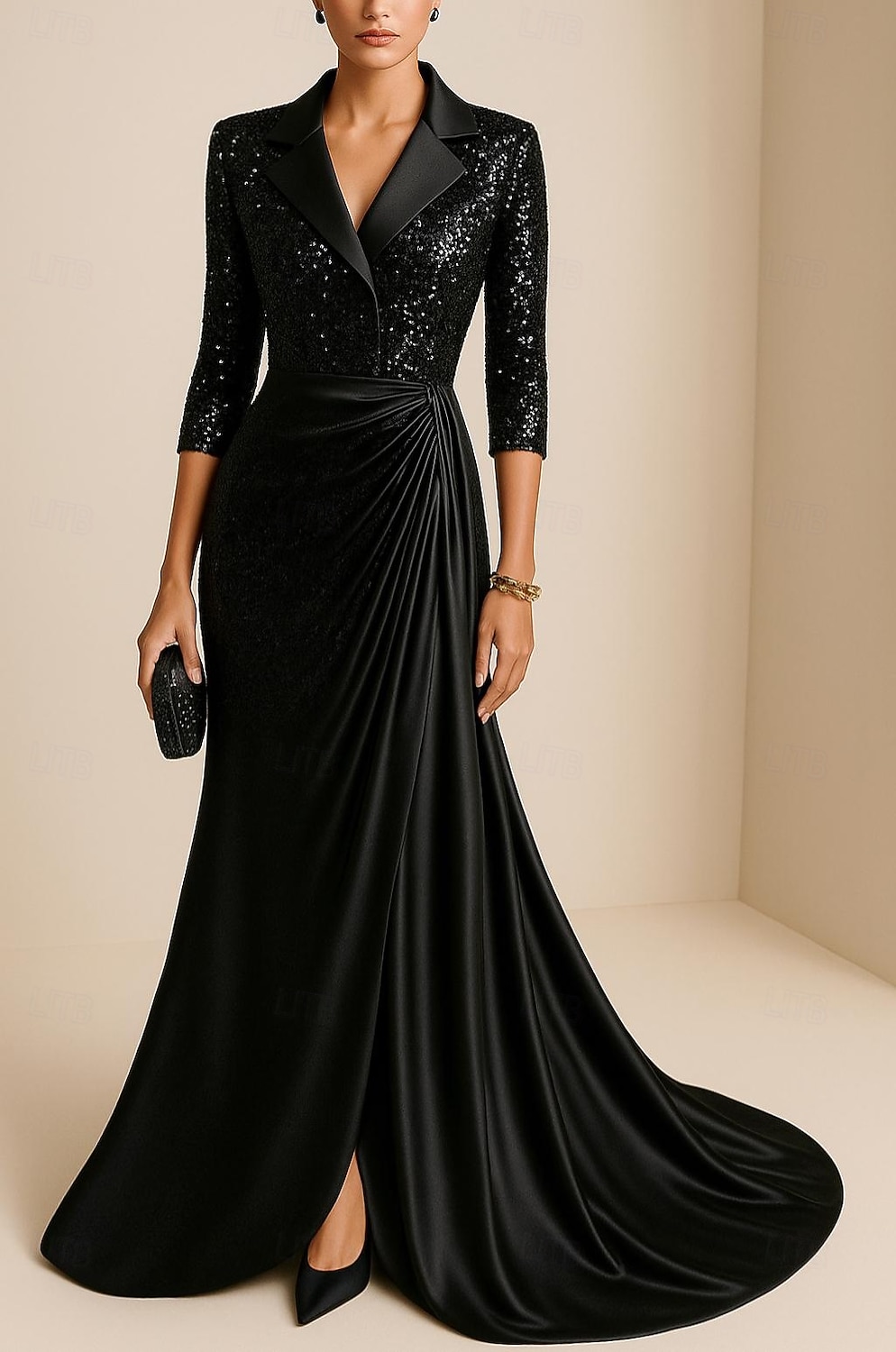 Havfrue Kveldskjoler Elegant Kjole Formell Bryllup Gulvlengde Langermet Knaphul Champagne Mother Of the Bride-kjole Elastisk satin med Glimmer Plissert 2025 2025 - $149.99 –P1