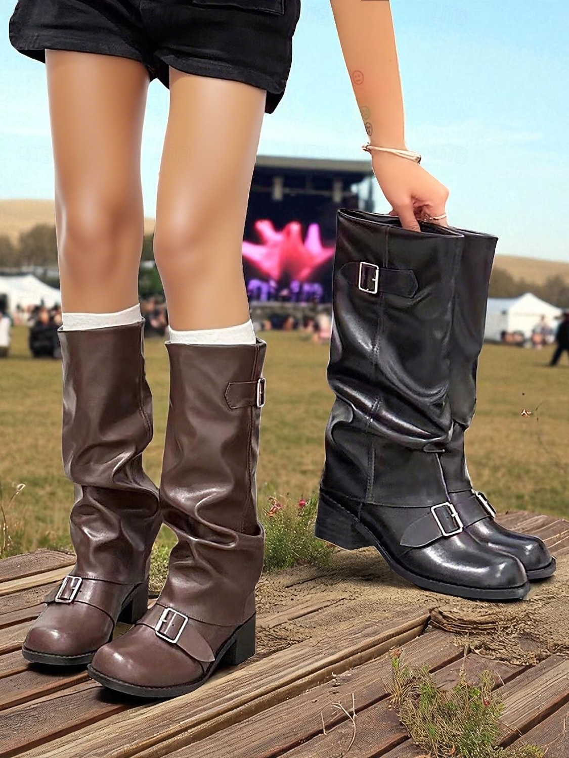 Bottes d'équitation marron pour femmes - style équestre souple en similicuir avec sangles à boucle et talon bas, chaussures décontractées d'automne et d'hiver pour événements en plein air, festivals de 2025 ? $54.99 –P1