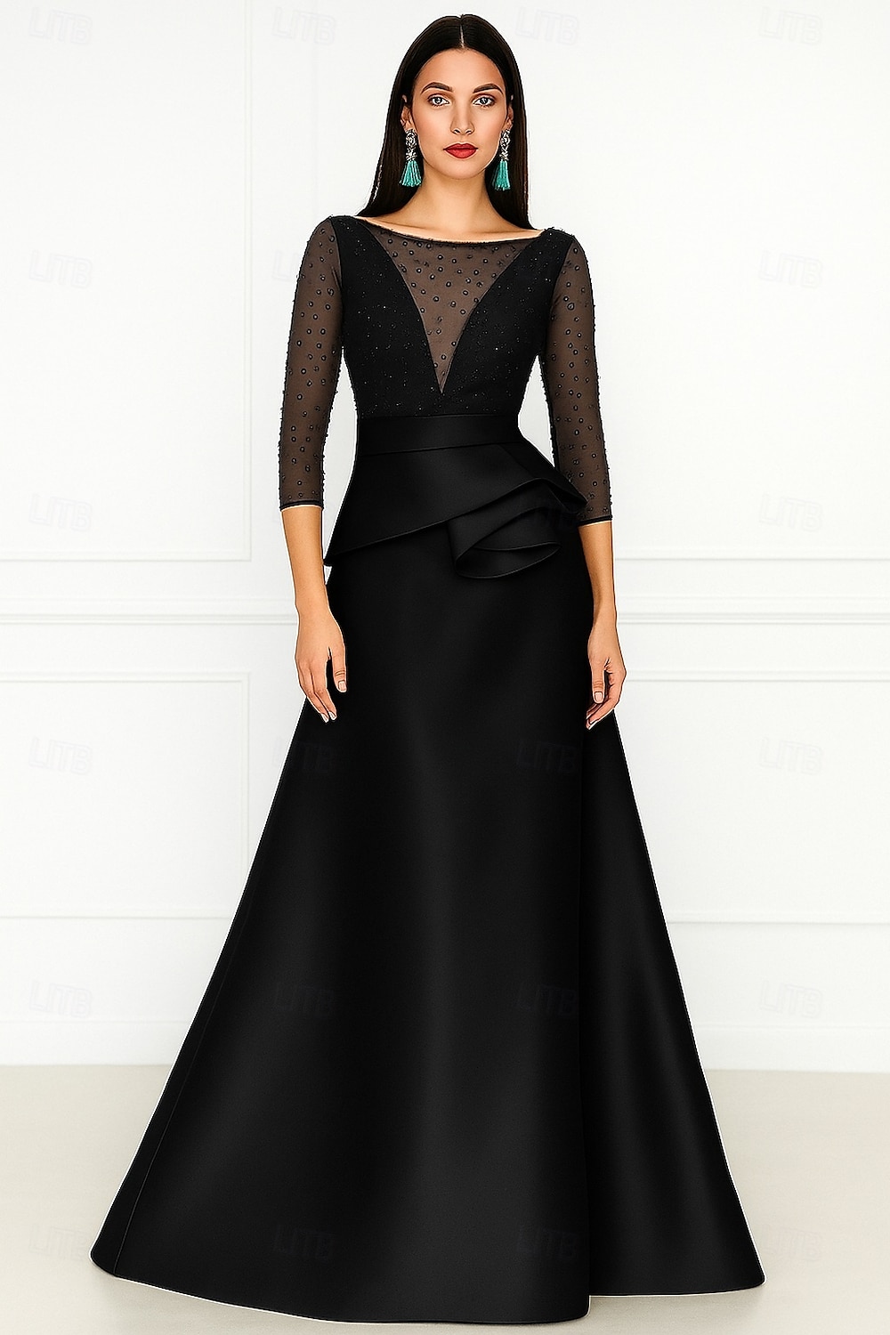 A-Line Floor Length Evening Gown Ball Gown Formal Dress Elegant 3/4 Length Sleeve Illusion Neck Formal Wedding Pink Dress Satin with Beading 2025 - $144.99 –P3