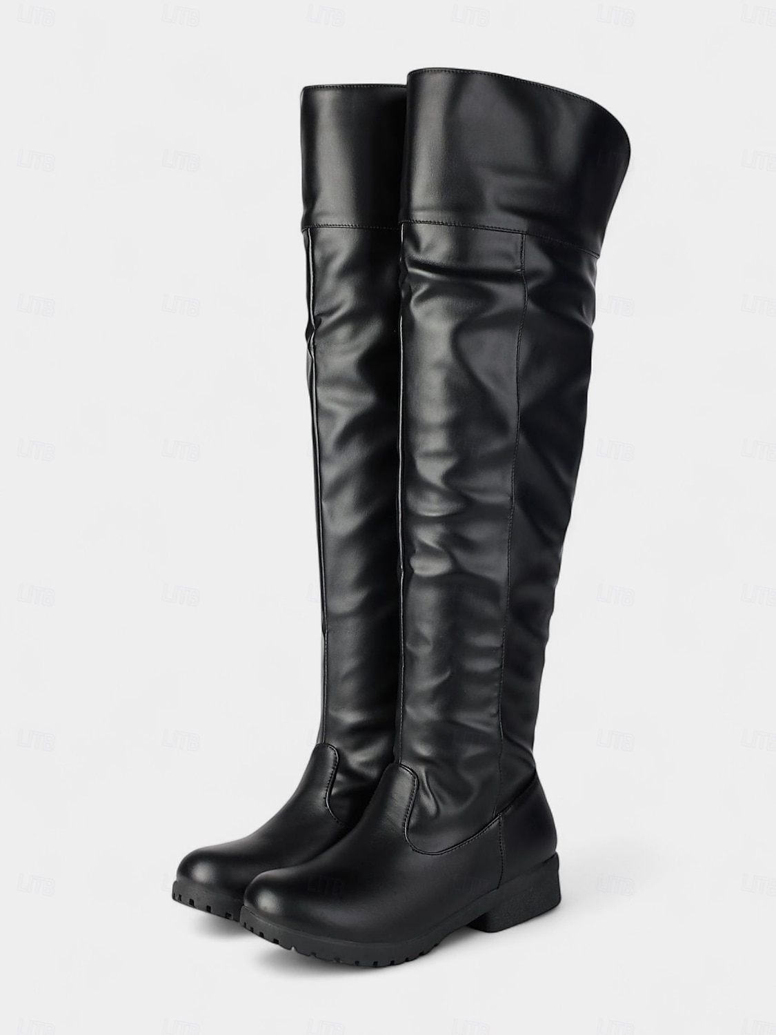 Botas femininas pretas acima do joelho - botas de couro sintético de cano alto com sola de argola para roupas casuais e de rua no outono e inverno de 2025 por $46.99 –P1