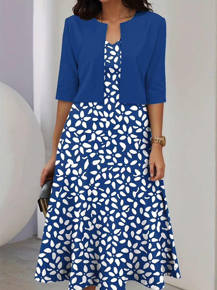 Ensemble de robes pour femmes en deux pièces robe midi avec veste élégante robe en A manches mi-longues robe décontractée semi-formelle imprimé floral ombragé encolure en V rendez-vous jaune clair de 2025 ? $36.99 –P3
