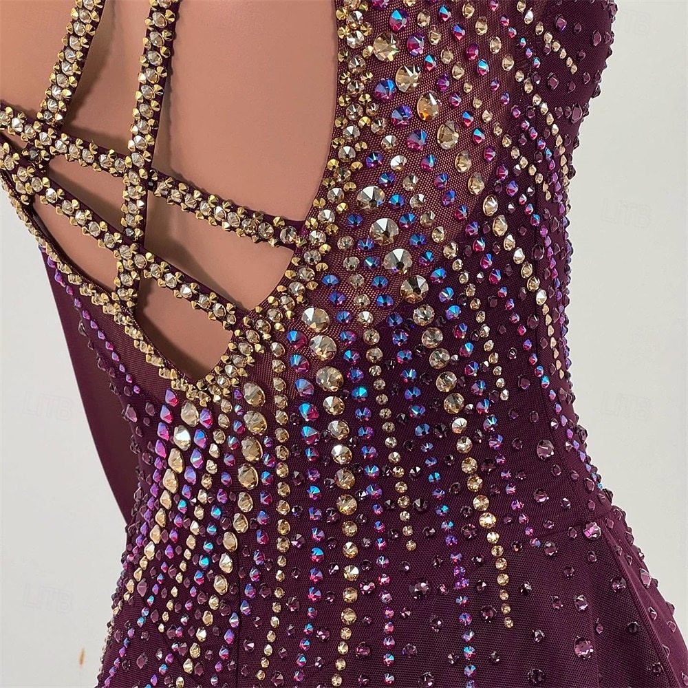 Kunstschaatsjurk Dames Voor meisjes Schaatsen Jurken Bordeaux Lapwerk Open achterkant Netstof Spandex Hoge Elasticiteit Opleiding Wedstrijd Kunstschaatskleding Klassiek Kristal / Bergkristal Lange 2026 - $298.59 –P15