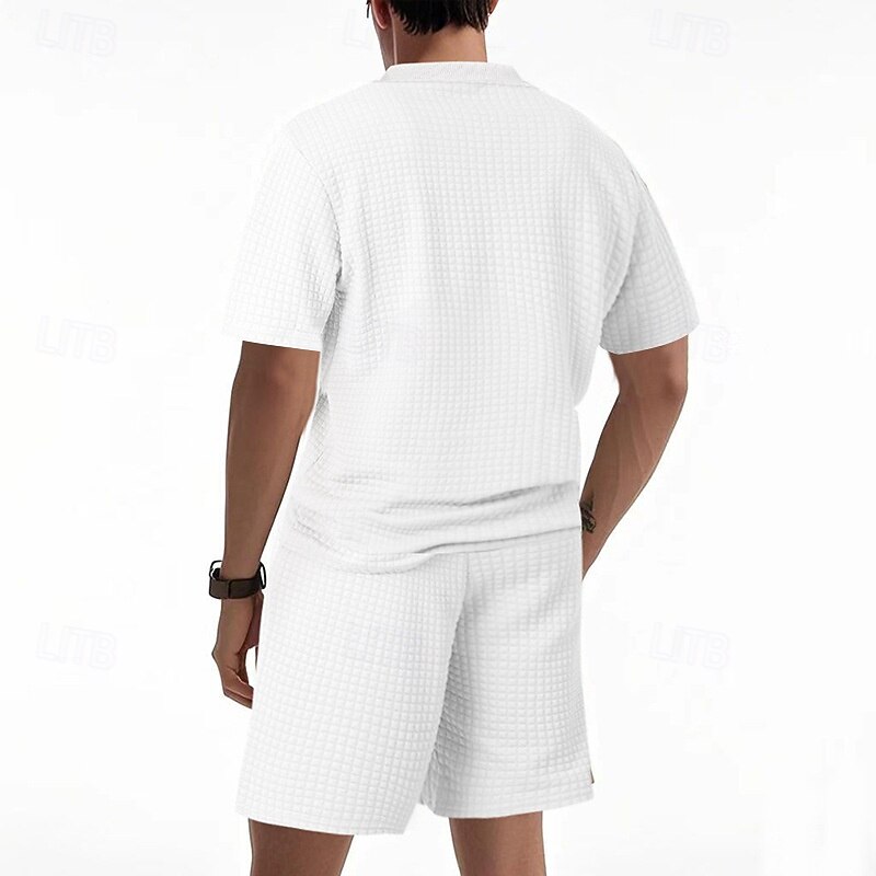 Voor heren Wafel Shirt T-shirt past 2 stuks outfits T-shirt en korte broek Korte mouw Strakke ronde hals Zomer Effen Modieus Casual Jacquard 2-stuks Vakantie Alledaagse kleding Uitgaan Zwart Wit Khaki 2025 - $36.99 –P6