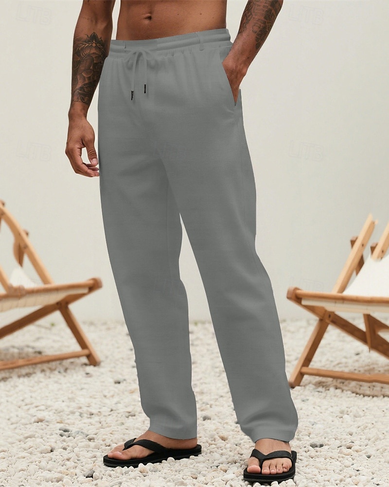Herr Linne Byxor Långbyxor Sommarbyxor Strandbyxor Snörning Ficka Elastisk midja Slät Komfort Andningsfunktion Semester Dagligen Helgdag Hawaiisk Boho 다크 카키 Svart 2025 - $17.99 –P6