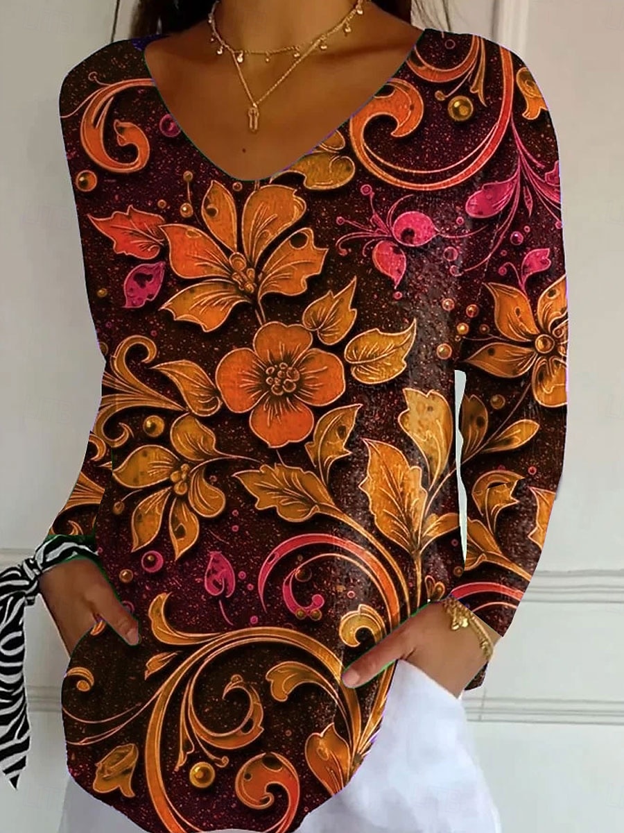 Tricou pentru femei cu decolteu în V mânecă lungă tunică grafic floral plante vintage stilat clasic topuri regulate imprimare zilnică albastru mov portocalie primăvară toamnă 2026 - $24.99 –P3