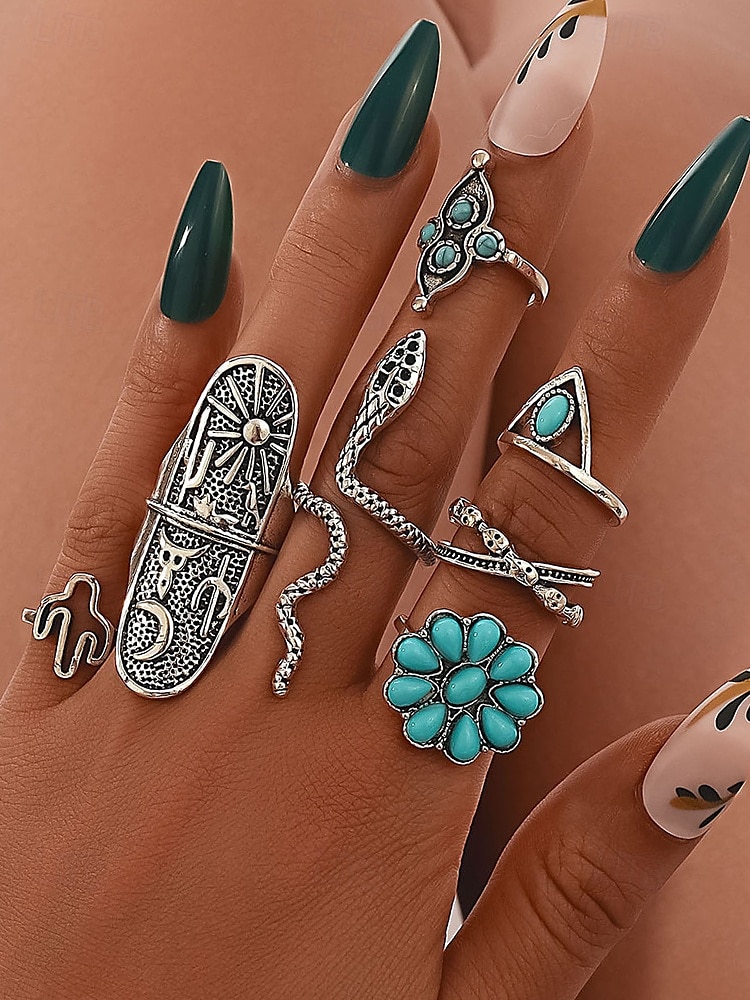 Women's Turquoise Ring Set - Multi-Piece Set of Vintage Bohemian Alloy Jewelry for Women's Holidays, Beach Vacations and Everyday Wear 2025 - $8.39 –P17