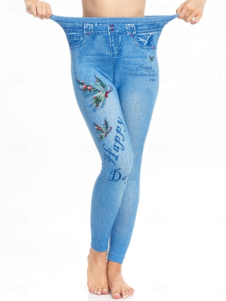 Dames Leggings Verontruste spijkerbroek Vakantie Vintage Casual Volledige lengte Hoge taille Bloemig Vlinder Elastische tailleband Opdrukken Zacht Comfortabel Rekbaar Buiten Straat blauw Luchtblauw 2026 - $24.99 –P10