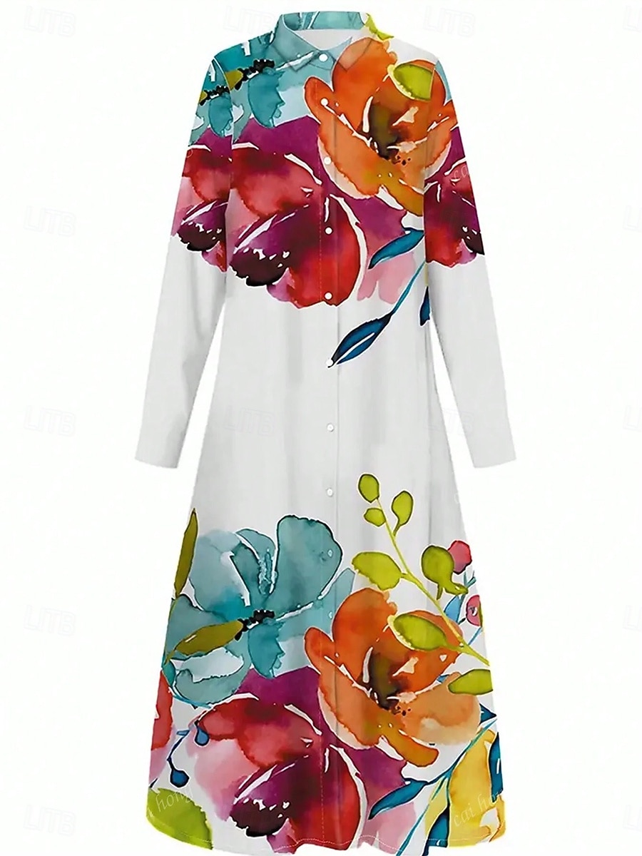 Pentru femei Rochie Maxi Rochie de schimb Casual Zilnic Dată Fit regulat Floral Grafic Manșon Lung Guler Cămașă Galben Roz Îmbujorat Roșu-aprins Albastru piscină Vară Primăvară Toamnă 2025 - $38.99 –P3