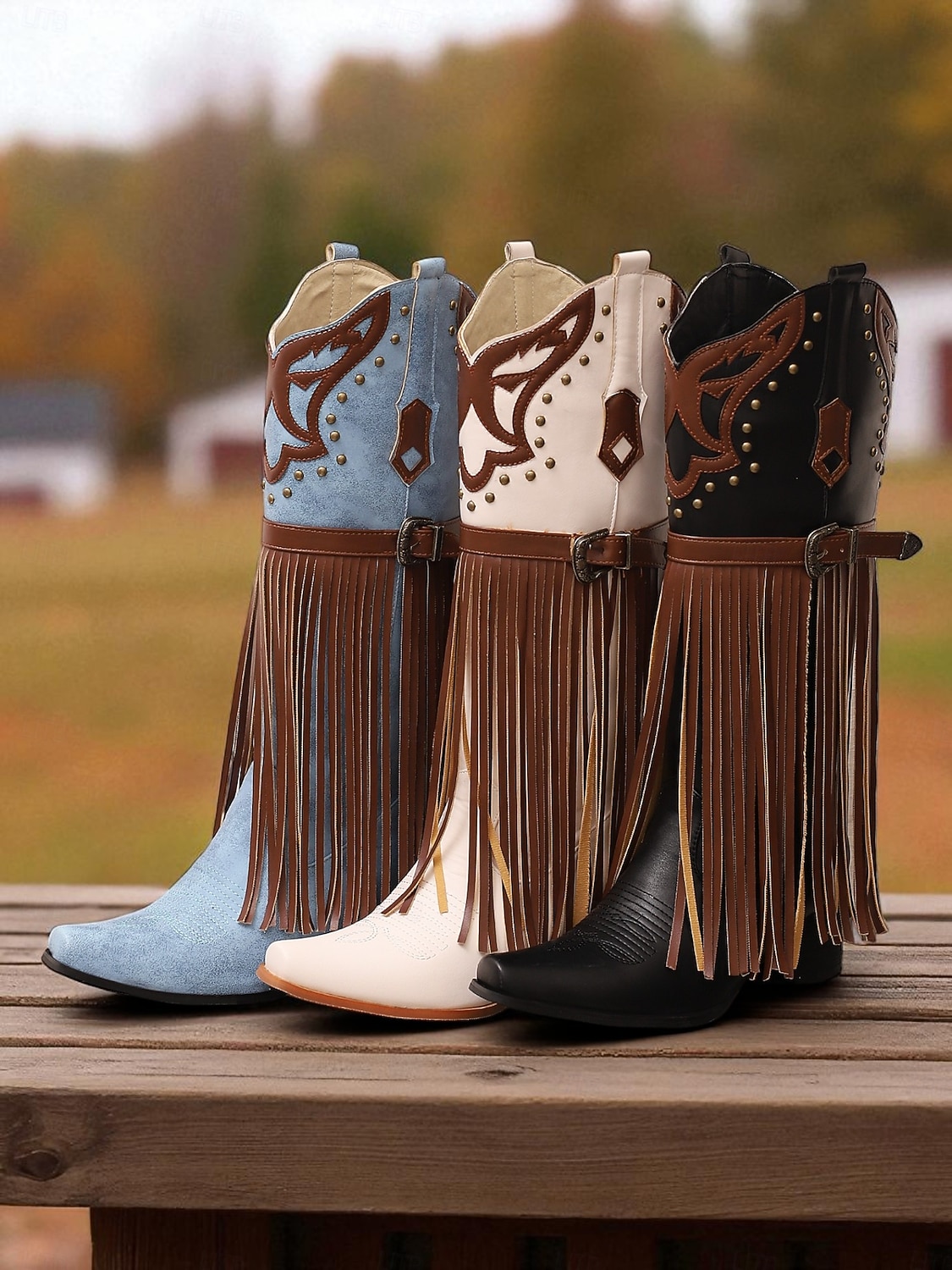 Blå og brune cowboystøvler med westernfrynser til dame – knehøye støvler med broderi i imitert skinn for rodeo-stil, countrykonserter og festivalantrekk 2026 - $94.99 –P1