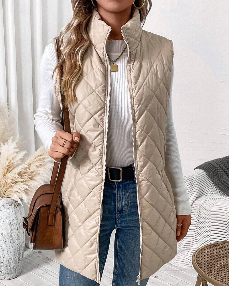 Per donna Gilet Caldo Confortevole Cerniera Tasca All'aperto Casual Semplice Ferie Weekend Cerniera Lungo Collo alla coreana Vestibilità regolare Senza Maniche Capispalla Nero Albicocca Inverno del 2026 a $33.99 –P3