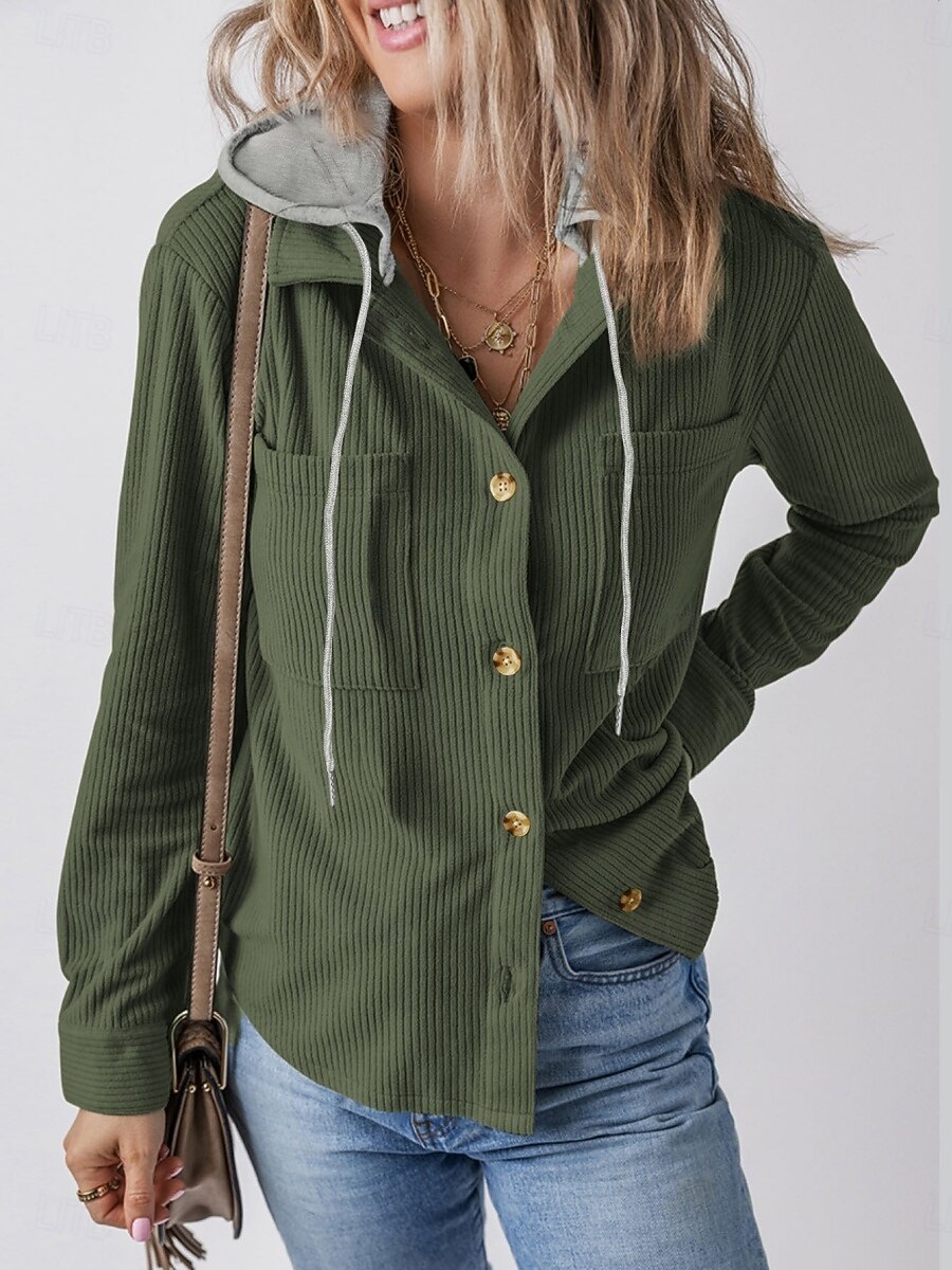 Mujer Chaqueta con capucha Cómodo Transpirable Botones Casual Plano Vacaciones Calle Casual Ropa Cotidiana Botonadura Simple Regular Con Capucha Ajuste regular Manga Larga Ropa de calle Azul marinero 2025 - $36.99 –P12