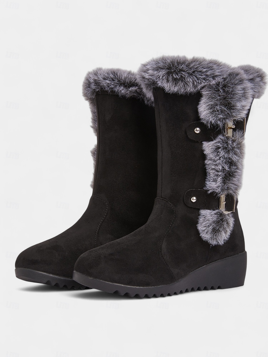 מגפי חורף שחורים לנשים עד אמצע השוק - מגפי שלג עם בטנת פרווה רכה, עקב טריז נגד החלקה, נעלי טרקים וטיולים חמות 2026 - $36.99 –P1