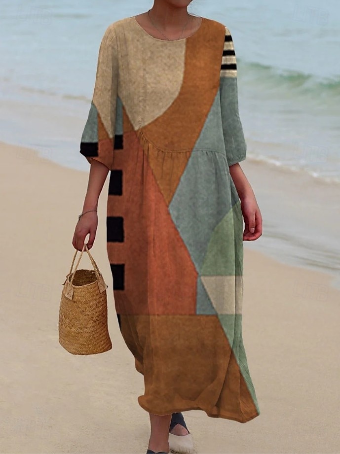 Robe maxi femme Kaftan à manches 3/4 col rond robe décontractée robe shift A-line robe Boho quotidienne rendez-vous sortie géométrique brun foncé jaune rouge violet de 2025 ? $41.99 –P5
