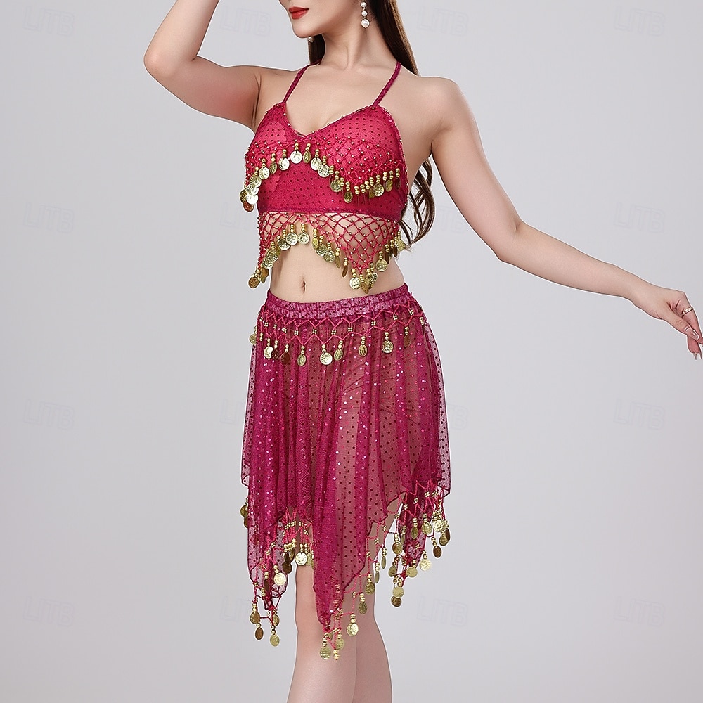 Danse du Ventre Jupes Jeton en cuivre Couleur unie Épissage Femmes Performance Entraînement Sans manches Haut Polyester de 2025 ? $37.99 –P4
