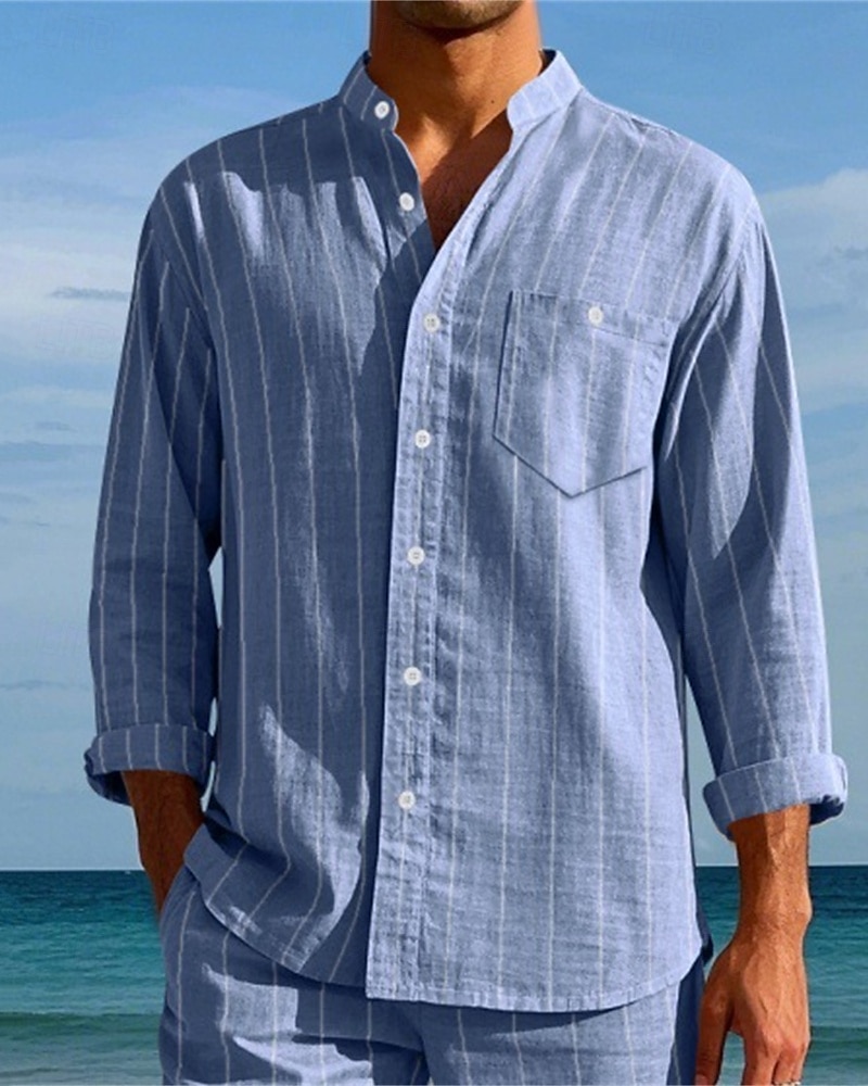Per uomo Camicia Camicia di lino Camicia casual Camicia con Bottoni Camicia di cotone A righe Vacanza Camicia hawaiana Nero Bianco Blu reale Cachi Manica Lunga Colletto alla coreana Primavera Autunno del 2025 a $26.99 –P10