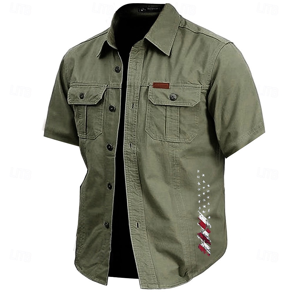 Men's American US Flag Work Shirt Western Shirt Cargo Shirt Short Sleeve Casual Tactical Sports Outdoor WorkWear Summer Spring Turndown Front Two Pockets Cotton Button Up Shirts Army Green Khaki Dark 2026 - $27.99 –P1