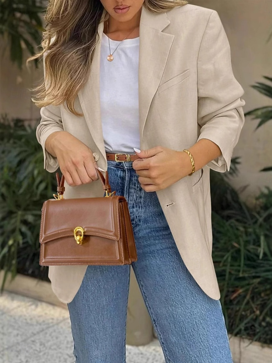 Women's Blazer Comfortable Breathable Pocket Fashion OL Style Plain Outdoor Casual Daily Single Breasted Regular Lapel Regular Fit Long Sleeve Outerwear Black White Khaki Spring Fall 2026 - $32.99 –P3
