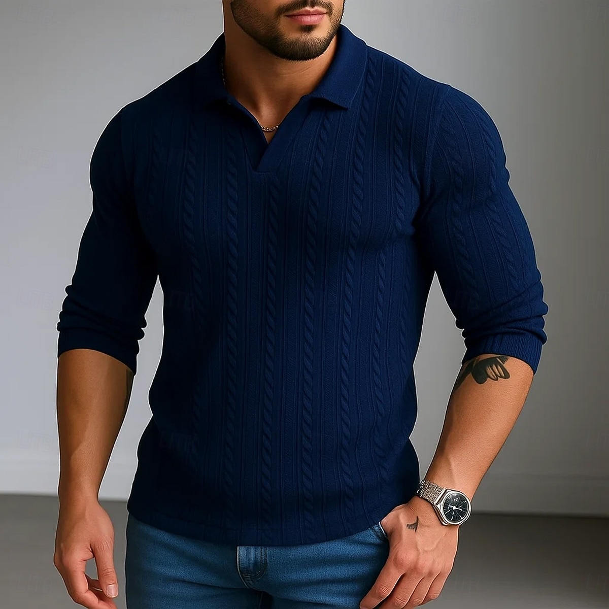 Herren Poloshirts Rippenstrick-Top Geschäft Lässig V Ausschnitt Möwenhalsband Langarm Mode Basic Einfarbig Textur Stricken Herbst Winter Ganzjahres Normale Passform Weiß Burgunderrot Marineblau 2025 - $26.99 –P1
