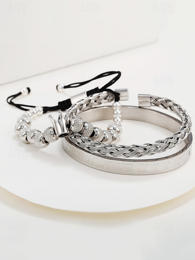 set di bracciali da uomo in acciaio inossidabile dorato: bracciale a 3 pezzi con corona di perline, polsino intrecciato e bracciale con numeri romani per abiti alla moda, feste e occasioni speciali del 2025 a $18.99 –P8