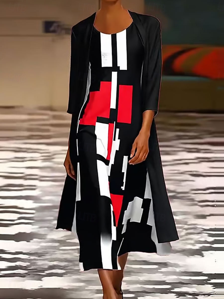 Pentru femei Set de rochii Rochie Maxi Rochie de schimb Rochie de vară Casual Grafic Geometric Multistratificat Imprimeu Rochie Maxi Lungime Manșon 3/4 Stil Nautic Zilnic Alb Roșu-aprins Primăvar 2025 - $38.99 –P2