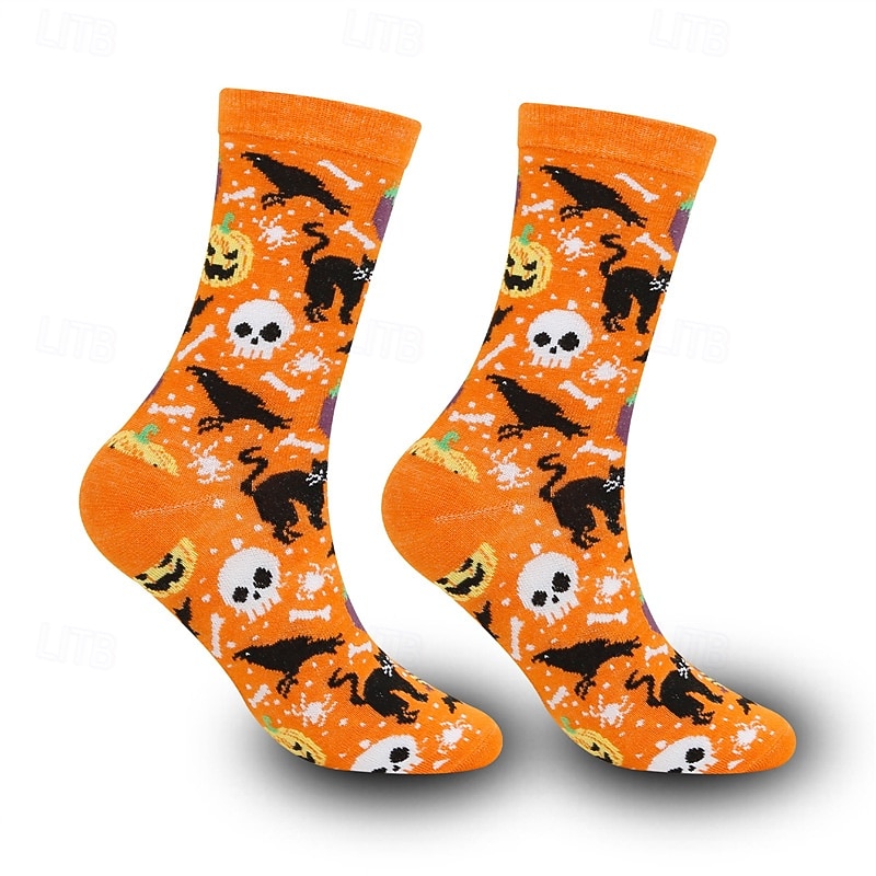 Κάλτσες με τυπωμένα σχέδια για το Halloween με σχέδιο νεκροκεφαλής και κολοκύθας, unisex casual κάλτσες μέχρι τη μέση της γάμπας που απομακρύνουν την υγρασία για το φθινόπωρο και τον χειμώνα 2025 - $7.99 –P5