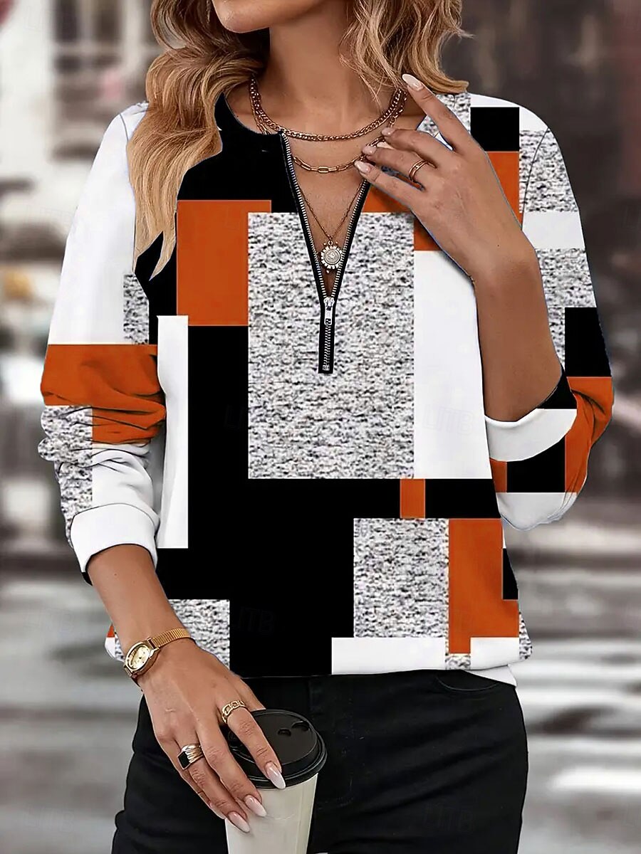 Damen Pullover Sweatshirt Sweatshirts mit Reißverschluss Grafik Geometrisch Farbblock Mode Lässig Langarm Rundhalsausschnitt Normale Oberteile Straße Alltagskleidung Reißverschluss Druck Rote Blau 2025 - $27.99 –P4