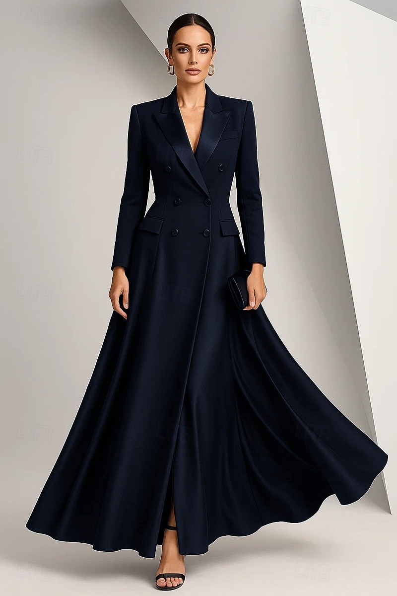schwarzes Smokingkleid Blazerkleid A-Linie Kleid für die Brautmutter elegantes spitzes Revers bodenlanges Stretch-Satin Langarm mit Volltonfarbe 2025 2025 - $189.99 –P4