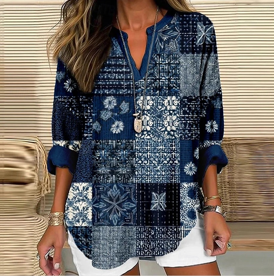 Blusa da donna in lino simile traspirante leggera tunica scollo a V a maniche lunghe boho casual grafico geometrico color block elegante bohemia vintage da indossare quotidianamente stampa blu denim del 2026 a $32.99 –P3