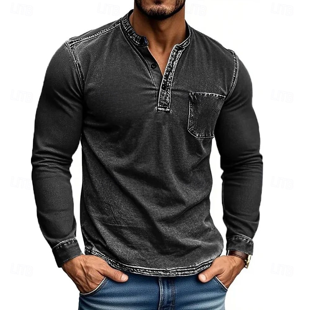 Herren Henley Hemd T-Shirt Langarmshirt Langarm Henley Herbst Winter Retro Mode Designer Nostalgisch Mode Jahrgang Urlaub Straße Ausgehen Schwarz Rosa Marineblau Top T-Shirt für Herren 2025 - $26.99 –P7