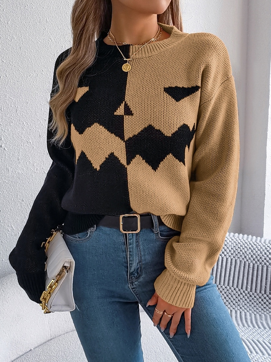 Maglione da donna Halloween con zucca casual morbido grafica colletto a coste maniche lunghe top regolari lavorato a maglia arancione khaki autunno inverno pre-autunno del 2025 a $31.99 –P11