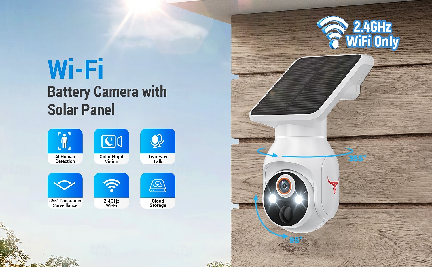 Камера видеонаблюдения с разрешением 1080p Wi-Fi, питанием от солнечной батареи, панорамированием, наклоном, искусственным интеллектом, обнаружением движения, ночным видением, двусторонней связью, 2026 - $74.99 –P3