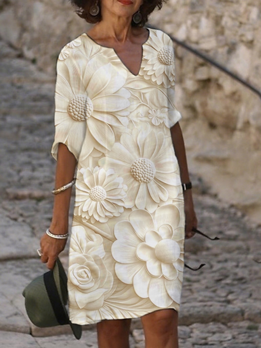 Femmes Robe Midi Robe Décontractée Robe Imprimée Mode Moderne Quotidien Plage Week-end Coupe régulière Fleuri Manche 3/4 Col ras du cou Jaune Bleu Violet Gris Été Printemps Automne de 2025 ? $21.99 –P1