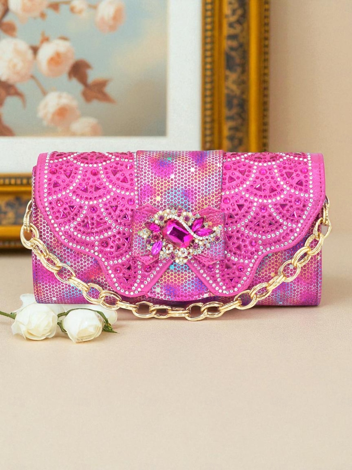 Conjunto de sapatos de salto alto com strass dourados e clutch combinando para mulheres, traje de festa brilhante e enfeitado para coquetéis de 2025 por $89.99 –P3