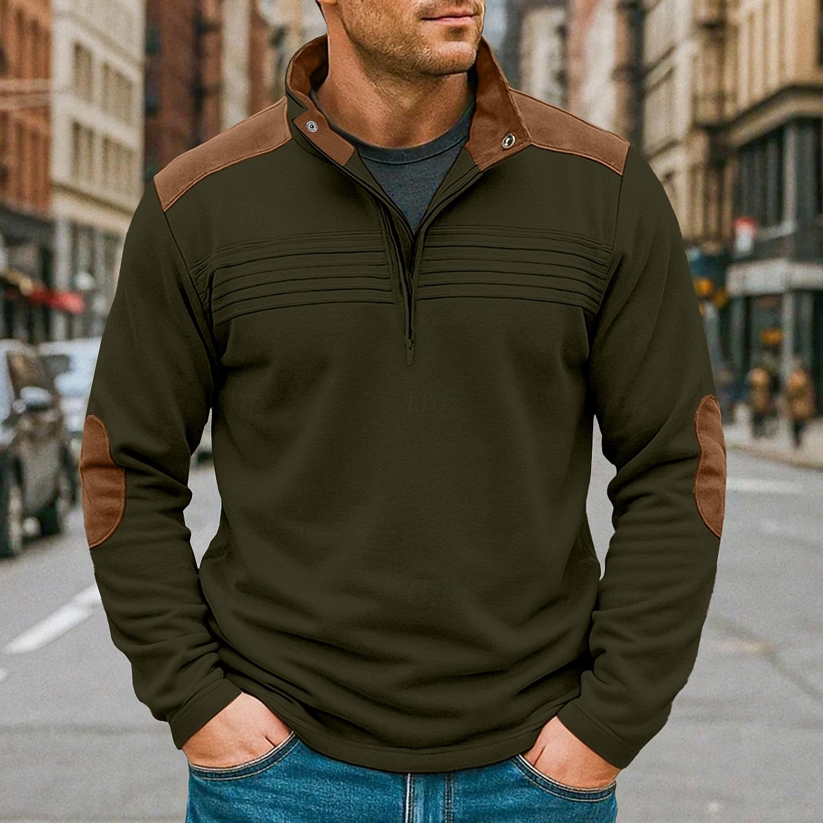 Herren T-Shirt Langarm Stehkragen Herbst Frühling & Herbst Farbblock Mode Designer Basic Patchwork Urlaub Straße Lässig Schwarz Marineblau Kaki Top T-Shirt für Herren 2025 - $23.99 –P2