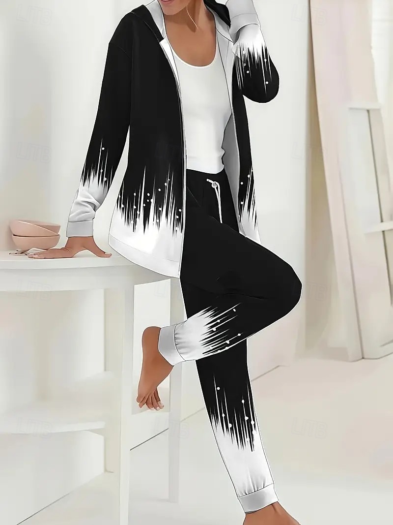 Per donna Felpa con Cappuccio Tuta Set di Pantaloni Manica Lunga Girocollo Con Cappuccio Ombre Floreale Coulisse Stampato Attivo Quotidiano Casuale All'aperto Nero Bianco Autunno Vestibilità regolare del 2026 a $54.99 –P1