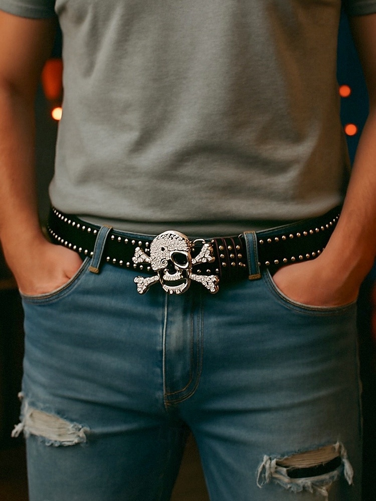 Unisex Halloween Skull Belt – Studded Faux Leather Strap  display picture 1