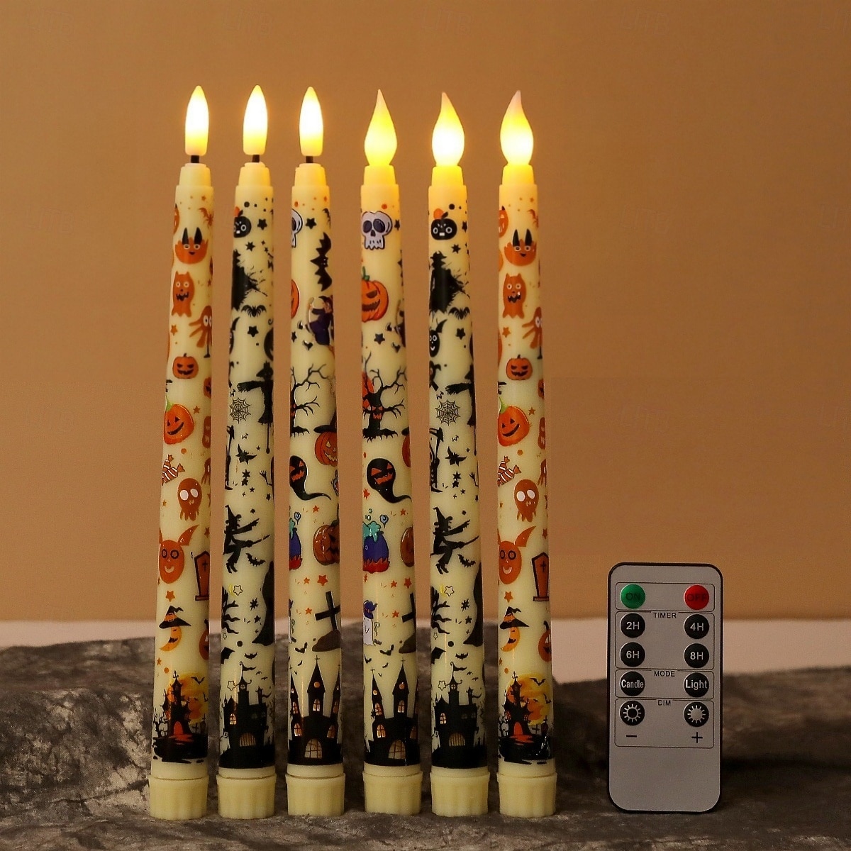 Candele a LED senza fiamma con motivo colorato di Halloween, candelieri a batteria con telecomando a 11 tasti e timer, luci a fiamma tremolante 3D per cene, decorazioni per interni, regali (6 pezzi del 2025 a $22.99 –P13